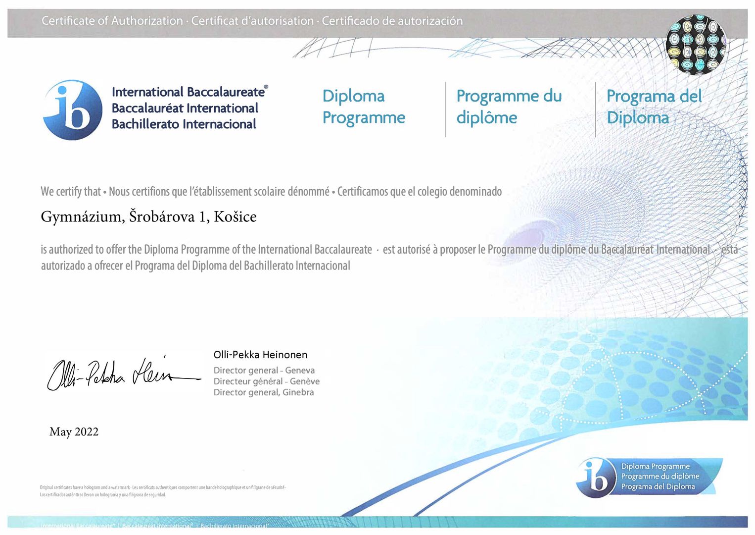 Certificate of Authorization International Baccalaureate