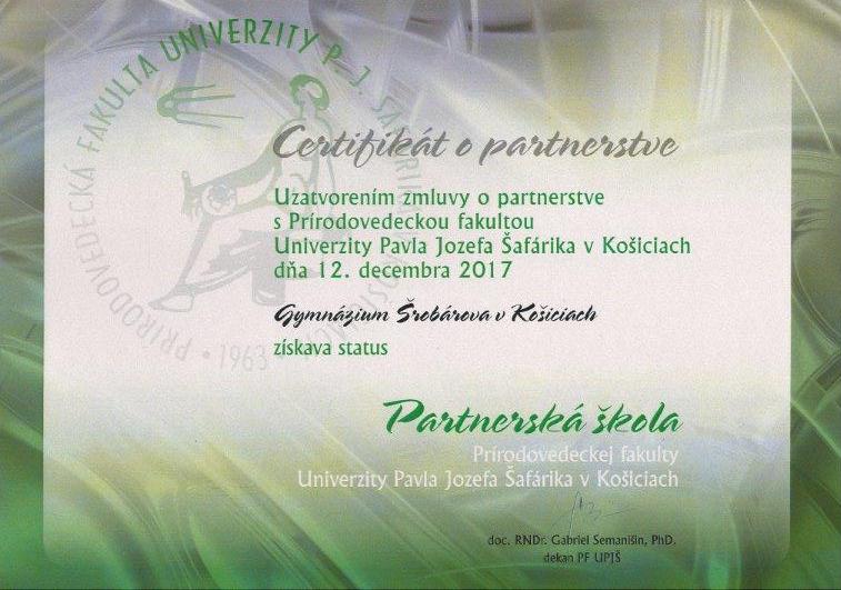 Certifikát o partnerstve s PF UPJŠ v Košiciach