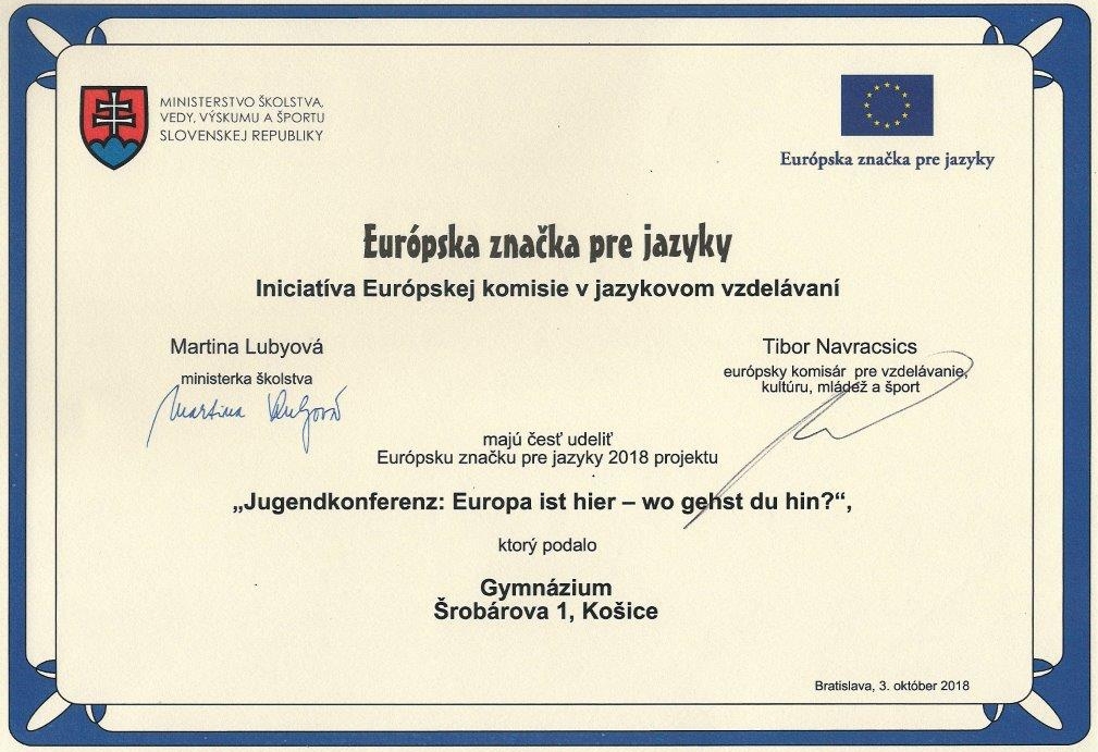 Európska značka pre jazyky 2018 — ocenenie