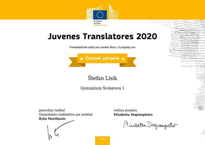 Čestné uznanie v súťaži Juvenes Translatores 2020